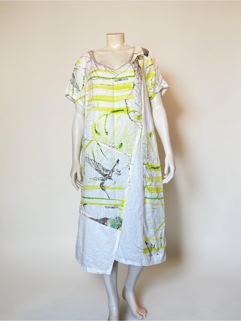 Elisa Cavaletti Cotton Dani Midi Dress Size 12 Made in Italy Abstract Bird Art